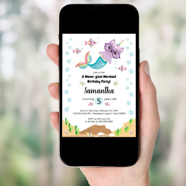 Cat Unicorn Mermaid Under the Sea Birthday Party Invitation (Front Digital)
