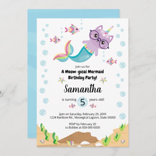 Cat Unicorn Mermaid Under the Sea Birthday Party Invitation
