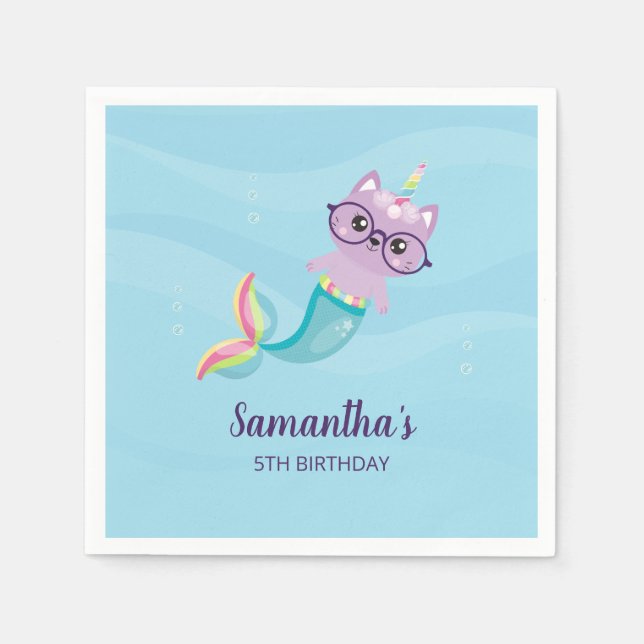 Cat Unicorn Mermaid Under the Sea Birthday Party Napkins (Front)