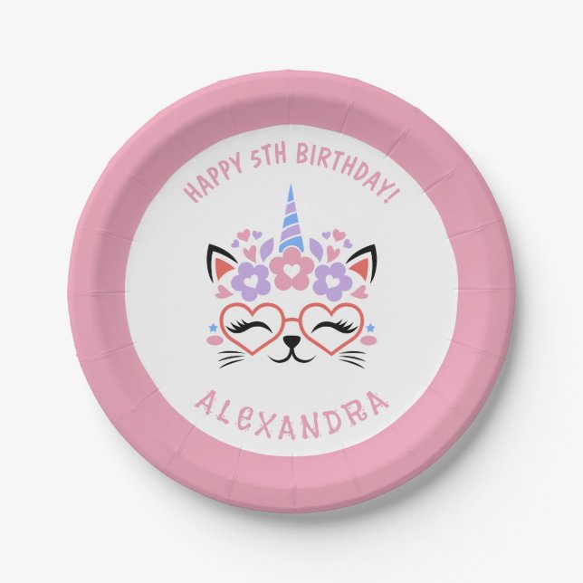 Cat Unicorn Name Pink Purple Blue Birthday Party Paper Plates (Front)