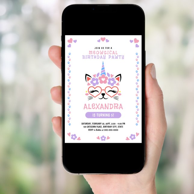 Cat Unicorn Pink Purple Blue Birthday Party Invitation (Front Digital)
