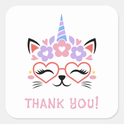 Cat Unicorn Thank You Pink Purple Blue Cute Fun Square Sticker