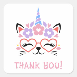 Cat Unicorn Thank You Pink Purple Blue Cute Fun Square Sticker