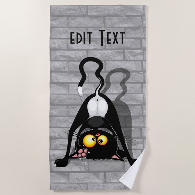 Cat Upside Down Funny Cartoon Character Beach Towel (Front)