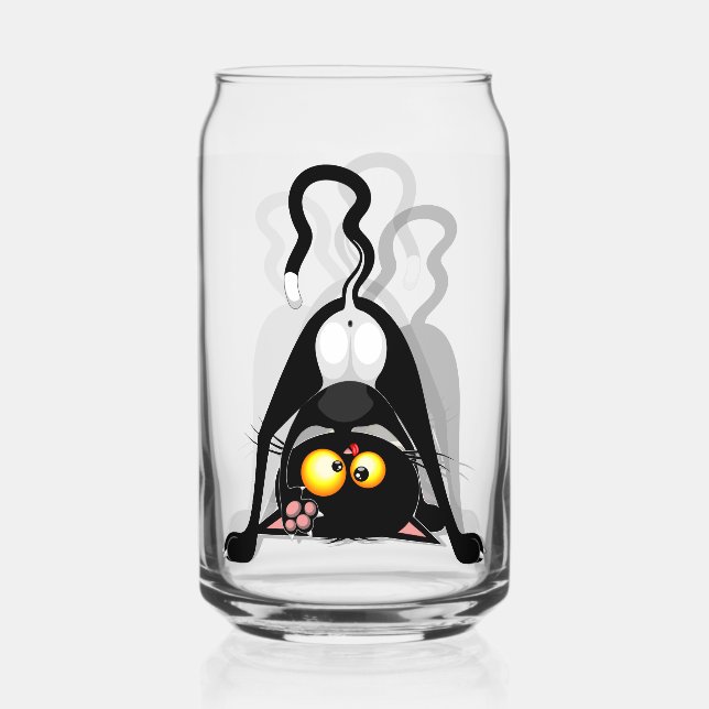 Cat Upside Down Funny Cartoon Character Can Glass (Front)