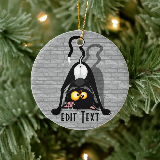 Cat Upside Down Funny Cartoon Character Ceramic Ornament (Tree)