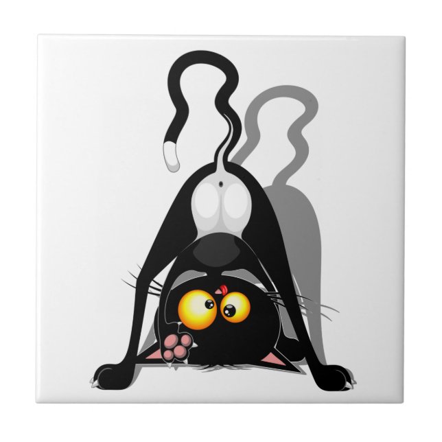 Cat Upside Down Funny Cartoon Character Ceramic Tile (Front)