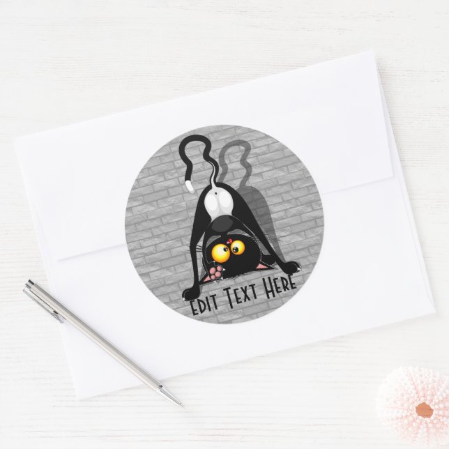 Cat Upside Down Funny Cartoon Character Classic Round Sticker (Envelope)