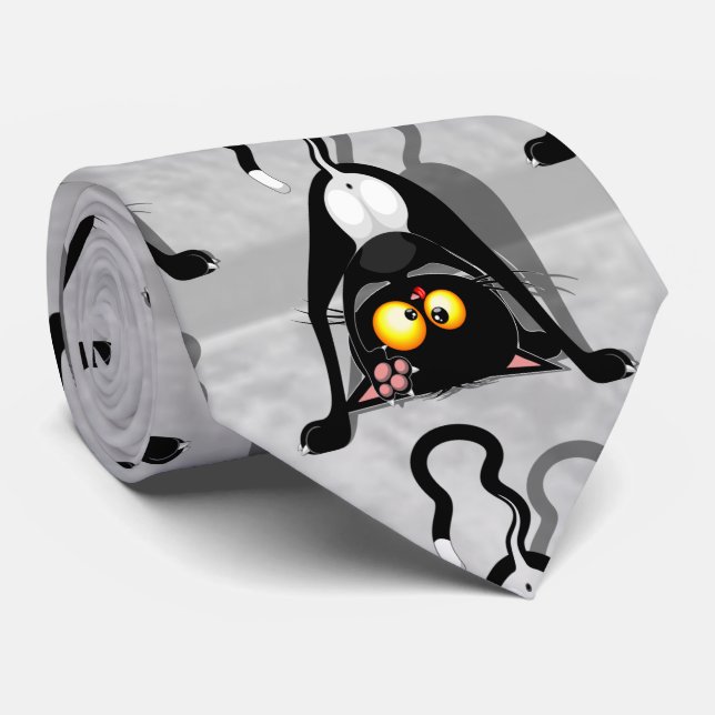 Cat Upside Down Funny Cartoon Character Neck Tie (Rolled)