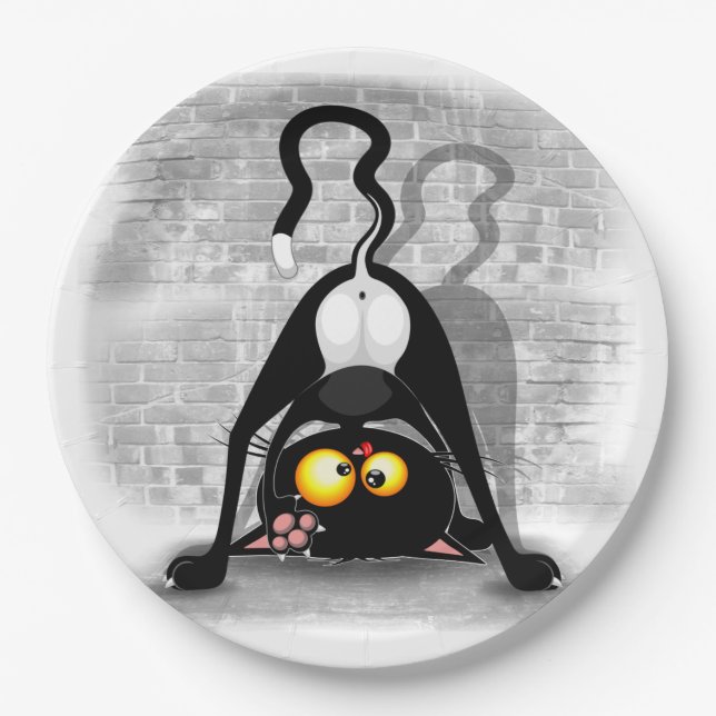 Cat Upside Down Funny Cartoon Character Paper Plates (Front)