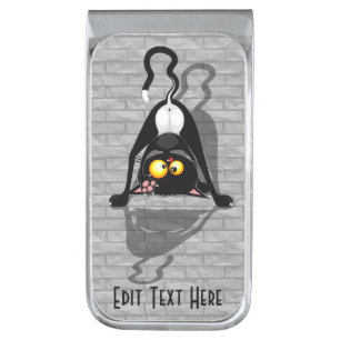 Cat Upside Down Funny Cartoon Character Silver Finish Money Clip
