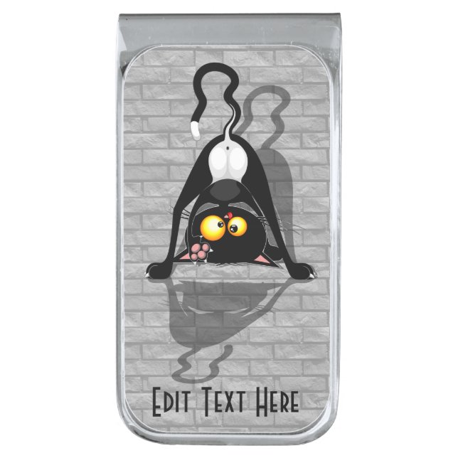 Cat Upside Down Funny Cartoon Character Silver Finish Money Clip (Front Vertical)