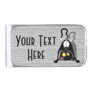 Cat Upside Down Funny Cartoon Character Silver Finish Money Clip