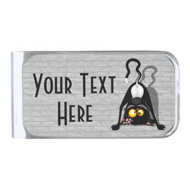 Cat Upside Down Funny Cartoon Character Silver Finish Money Clip (Front)
