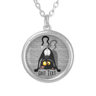 Cat Upside Down Funny Cartoon Character Silver Plated Necklace