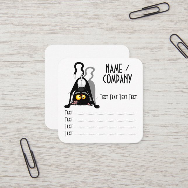 Cat Upside Down Funny Cartoon Character Square Business Card (Front/Back In Situ)