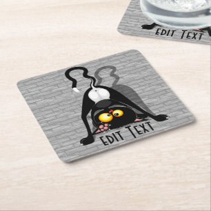 Cat Upside Down Funny Cartoon Character Square Paper Coaster