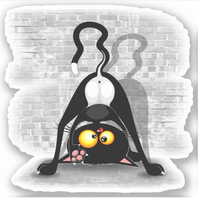 Cat Upside Down Funny Cartoon Character Sticker (Front)