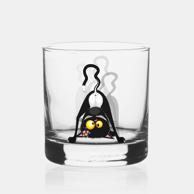 Cat Upside Down Funny Cartoon Character Whiskey Glass (Front)