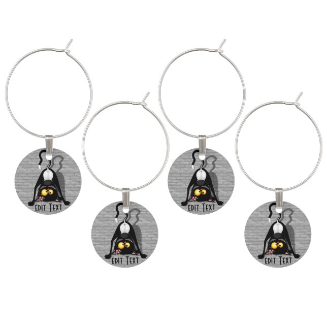 Cat Upside Down Funny Cartoon Character Wine Charm (Staggered)
