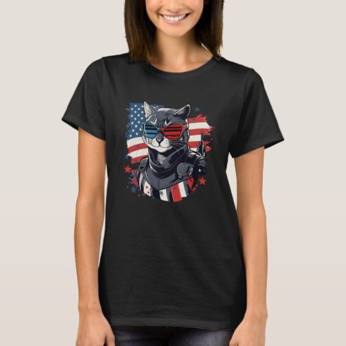 Cat US Flag Sunglasses Proud American Veteran Pull T_Shirt