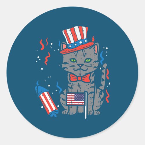Cat US Flag Top Hat Cute 4th Of July Patriot Men Classic Round Sticker