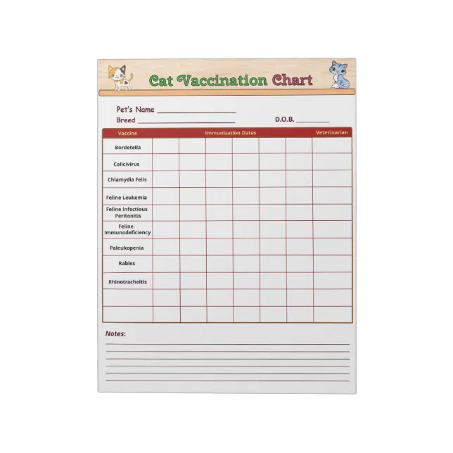 Cat Vaccination Chart Notepad Zazzle