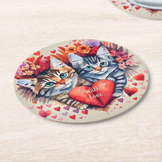 Cat Valentines Round Paper Coaster (Angled)