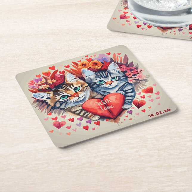 Cat Valentines Square Paper Coaster (Angled)