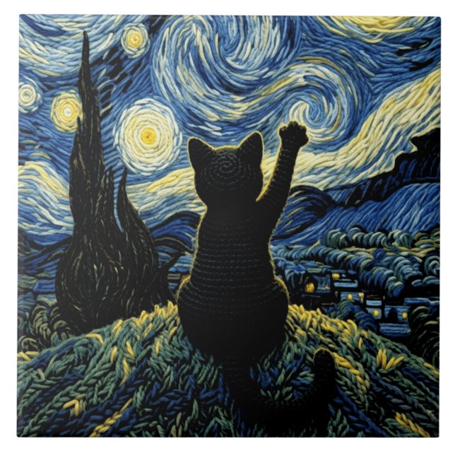 Cat Vangogh Starry Night Ceramic Tile (Front)
