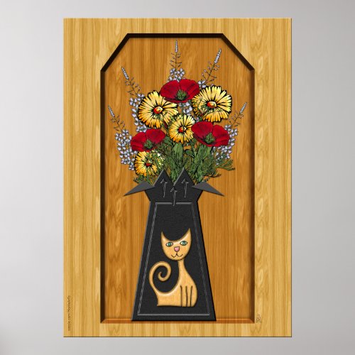 Cat Vase with Poppies and Mums in Wood Alcove Poster