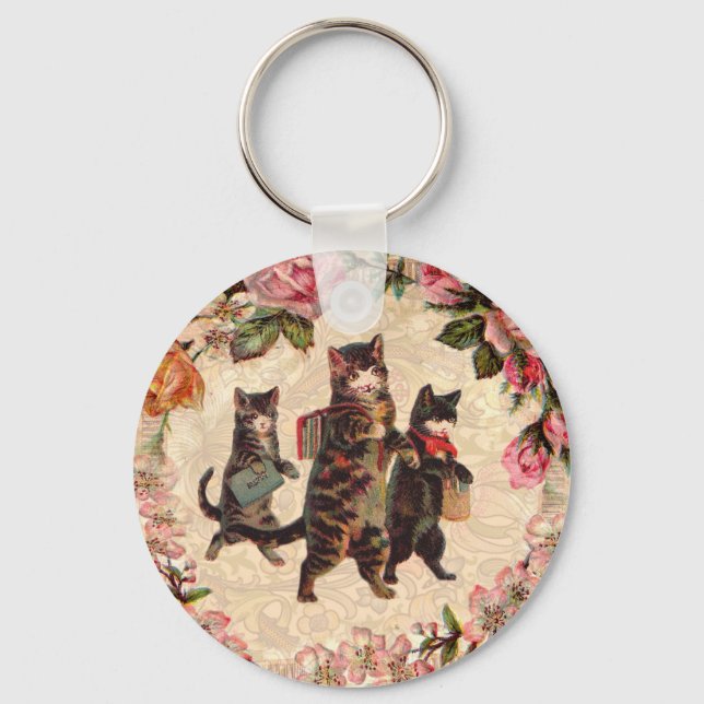 Cat Vintage Pretty Antique Kittens Keychain (Front)
