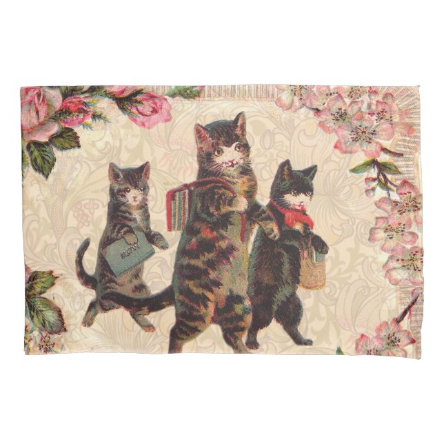 Cat Vintage Pretty Antique Kittens Pillow Case (Front)