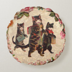 Cat Vintage Pretty Antique Kittens Round Pillow