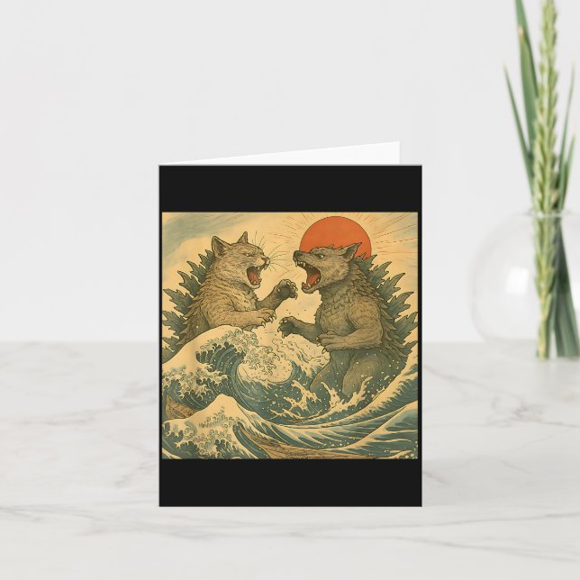 Cat Vs Dog Kaiju Monster Japanese Ukiyo-e Style Me Card (Front)