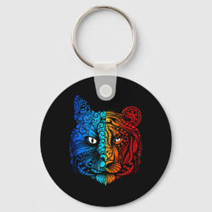 Cat vs Tiger Face Mandala Design Keychain