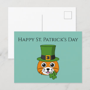 Cat w Hat and Shamrock St Patrick's   Personalize Holiday Postcard