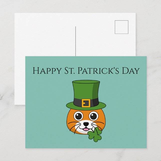 Cat w Hat and Shamrock St Patrick's | Personalize Holiday Postcard (Front/Back)