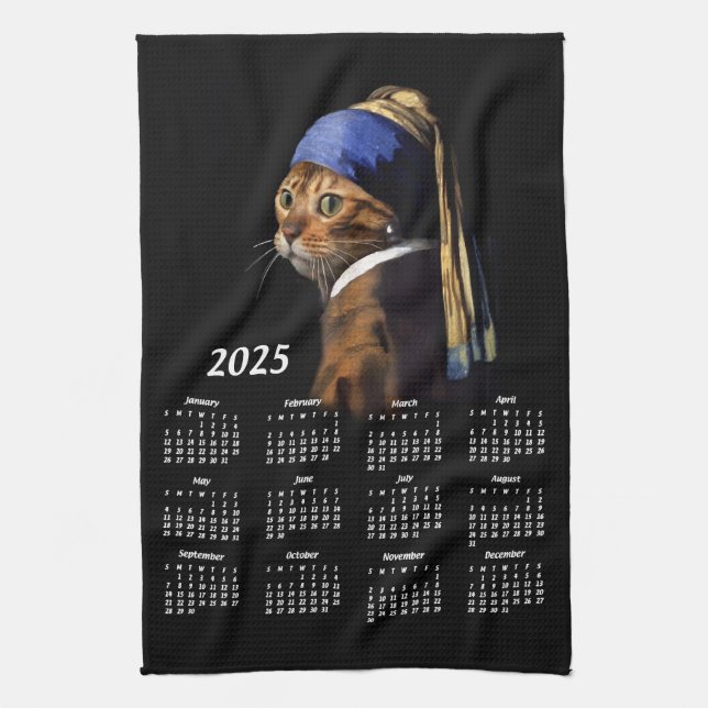 Cat w/Pearl Earring Vermeer Painting 2025 Calendar Kitchen Towel (Vertical)