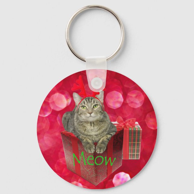 Cat Waiting for Santa Keychain (Front)