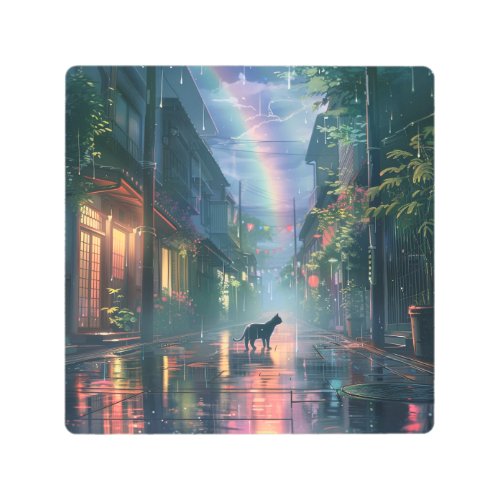 Cat walking in the rain metal print