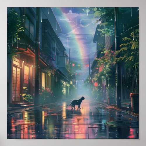 Cat walking in the rain poster