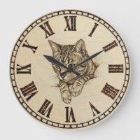 Cat Wall Clock with Wood-Burned Style Illustration