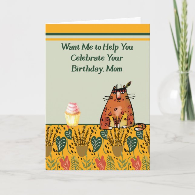 Cat Wants to help Mom Celebrate Birthday Card (Front)