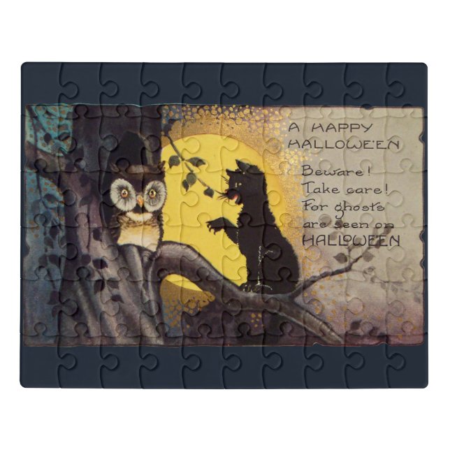 Cat Waring Owl - Halloween Childrens Puzzle (Puzzle Horizontal)