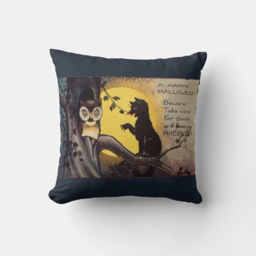 Cat Warning Owl Vintage Halloween Pillow