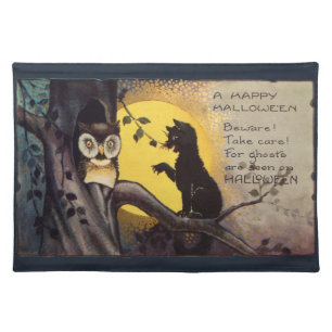 Cat Warning Owl Vintage Halloween Placemat