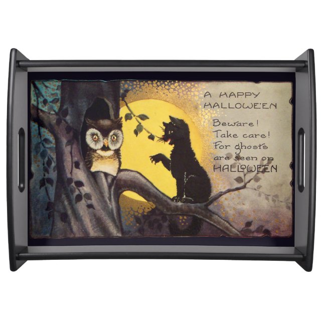 Cat Warning Owl Vintage Halloween Tray (Front)