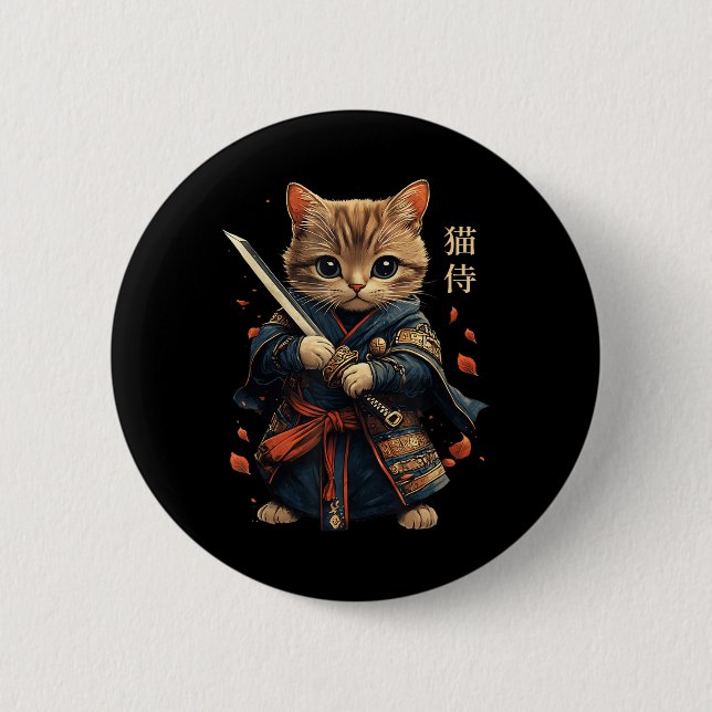 Cat Warrior Japanese Samurai Cat Tattoo Kawaii Nin Button (Front)