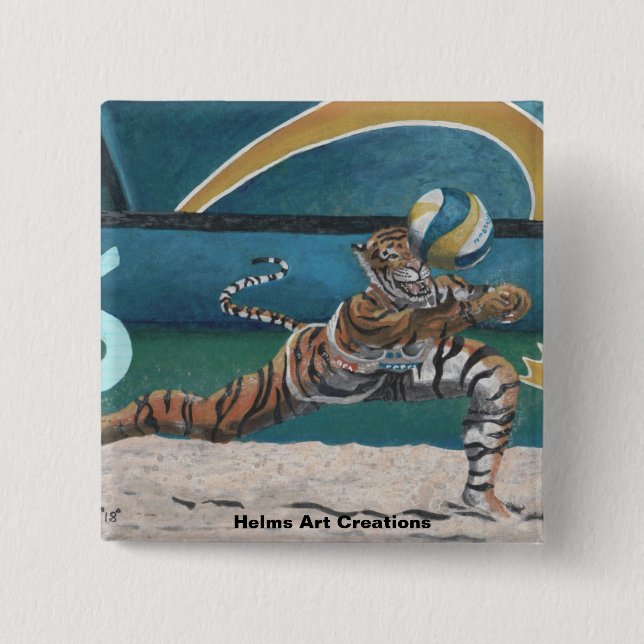 Cat Warrior Playing Volleyball Fantasy Art Button (Front)